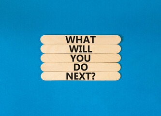 Wall Mural - What will you do next symbol. Concept words What will you do next on wooden stick. Beautiful blue table blue background. Business, what will you do next concept. Copy space.