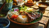 Fototapeta  - Vietnamese food, Asian food, beef and vegetable fried rice