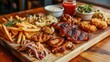 French fries, grilled meat and fish, chicken nuggets, spicy fries, ketchup and mayonnaise on a wooden board.