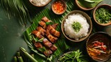 Fototapeta  - Traditional Vietnamese Pork and Plantain Leaf Sticky Rice