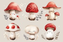 Very Childish Watercolor Vintage Cartoon Cute And Charming Kawaii Red And White Mushroom Clipart Vector, Organic Forms With Desaturated Light And Airy Pastel Color Palette. Great As Nursery Art.