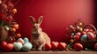 A red easter announcement or advertising banner with an easter rabbit, easter eggs and spring flowers. Generative AI.