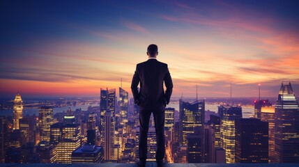 Fototapete - City lights at dusk with a poised businessman, overlooking the skyline, vibrant sunset colors, confident and determined stanc Generative AI