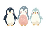 Fototapeta Pokój dzieciecy - Very childish watercolor vintage cartoon cute and charming kawaii penguin clipart vector, organic forms with desaturated light and airy pastel color palette. Great as nursery art.