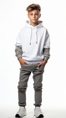 Poster - Stock image of a boy in casual streetwear on a white backdrop Generative AI