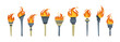Set of olympic torches with burning fire. Flat style vector illustration