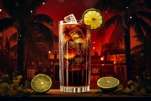 Banner Of Coca Coke Cocktail In A Tall Glass Cuba Liber. Refreshing Summer Drink