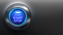 Engine start button. Automotive technologies. Blue button to stop car. Stylish start key on black. Fragment of interior of modern vehicle. Button to start engine without key. 3d image