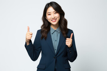 Wall Mural - Smiling Asian businesswoman in blue suit giving thumbs up against a white background.