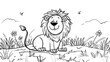 kids simple coloring book page black and white thick line art, lion, cute