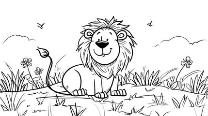 kids simple coloring book page black and white thick line art, lion, cute