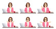 Beautiful business woman using laptop computer sitting at the desk in different poses set isolated vector illustration