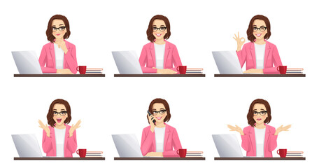 Wall Mural - Beautiful business woman using laptop computer sitting at the desk in different poses set isolated vector illustration