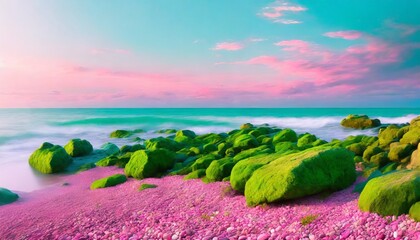 Wall Mural - pink green rocks on a beach background wallpaper