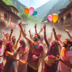 Wall Mural - Happy young Group celebrating holi, college students celebrating, holi, happy holi, holi celebration, holi party