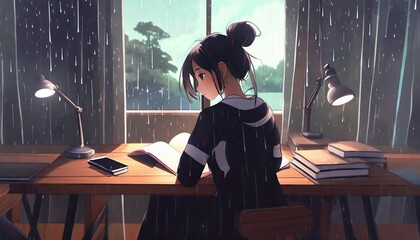 lofi girl studying at her desk rain ourside beautiful chill atmospheric wallpaper 4k background lo fi hip hop style anime manga style