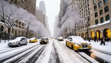 Fototapeta  - taxis drive down a snow covered 5th avenue during a winter nor easter storm in new york city