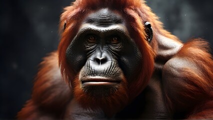 Close-up of an awesome male orangutan with textured background and space for text, background image, generative AI