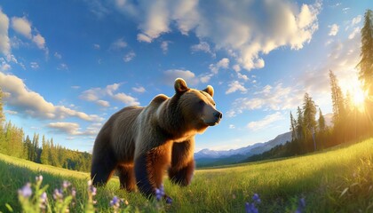 Wall Mural - brown bear on meadow