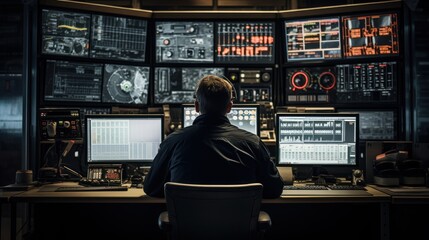 Rear view Engineer in control room of a factory ,Safety in the factory concept