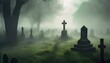an eerie graveyard shrouded in mist and shadows digital concept illustration painting