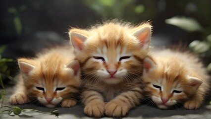 Wall Mural - Cute kittens identical cute kittens sleeping together and squeezing each other and squinting, background image, generative AI