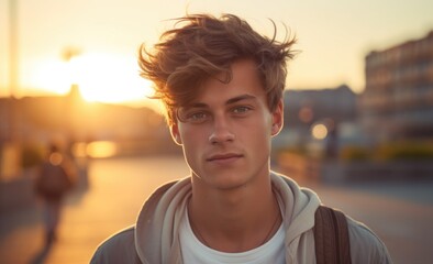 Wall Mural - Portrait of a handsome young man in the city at sunset.