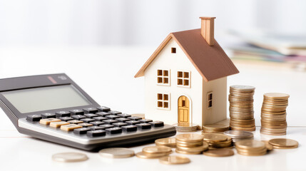 Wall Mural - A detailed view of real estate investment, featuring a house model with coins and a calculator on a clean, white home office background, symbolizing mortgage and property planning.