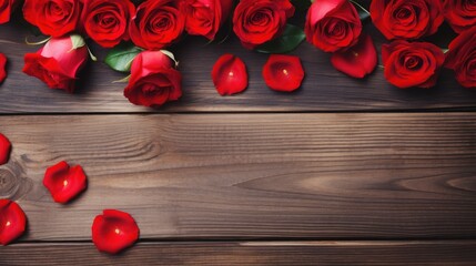 Wall Mural - Top-down view. Red roses flowers with red hearts on old wooden background 