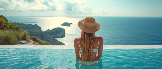 Woman on contemporary balcony with ocean view.