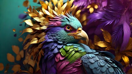 Wall Mural - 3d illustration of a colorful parrot on a background of tropical leaves