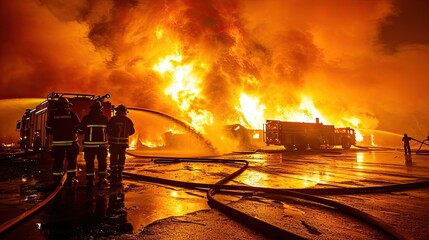 Wall Mural - 911. Firefighters at work against the backdrop of a raging flame. The heat intensifies, but so does their determination to save lives.