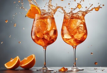 Canvas Print - Aperol spritz cocktail with liquid splashes and orange slices flying in the air on light background