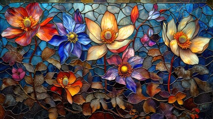 Wall Mural - Stained glass window background with colorful Flower and Leaf abstract.