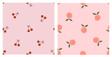 Fruit Seamless Pattern With Red Cherry And Peach Fruit On Pink Backgrounds Vector Illustration.