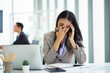 © ronnachaipark - Asian businesswoman feeling stressful and headache after working for a long time, Office syndrome concept.