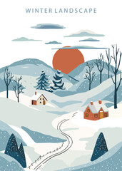 Wall Mural - winter landscape background with mountain,tree.Editable vector illustration for postcard,a4 vertical size