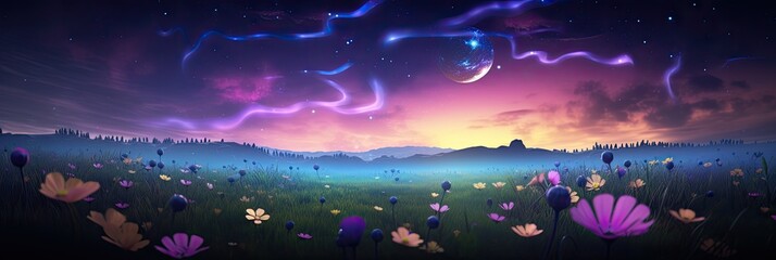 Canvas Print - high angle, Epic Wide Shot from an enchantingly beautiful field of flowers with flying cute little fireflies