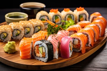 Wall Mural - A plate of sushi with a variety of colorful rolls and a side of wasabi and ginger