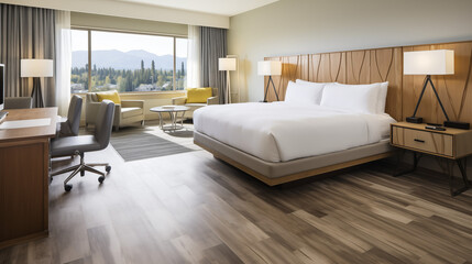 Wall Mural - Spacious interior of a modern hotel room. King bed and hard wood floors.