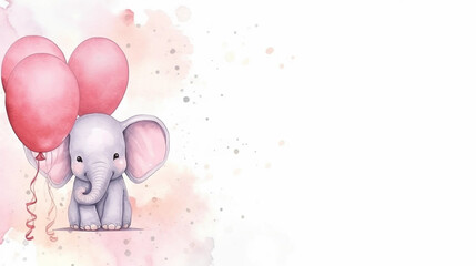 copy space, birth card in watercolor style, pastel pink colors and golden glitters, sweet elephant holding balloons with his trunk. Cute birth announcement card. Template voor birth cards, cute baby