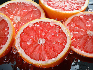 Wall Mural - Grapefruits on the water, fresh grapefruits seamless background, adorned with glistening droplets