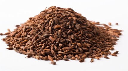 Wall Mural - an isolated pile of whole cumin seeds on a pristine white surface, capturing the spice's rich brown color and distinct crescent shape.