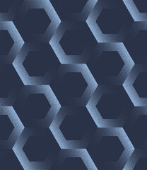 Wall Mural - Tilted Hexagonal Grid Vector Seamless Pattern Trend Dark Blue Abstract Background. Halftone Futuristic Technology Art Illustration. Graphical Endless Sci-Fi Abstraction Wallpaper Dot Work Texture