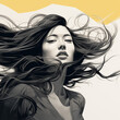 Portrait d'une belle jeune femme d'origine asiatique avec les cheveux au vent, portrait noir et blanc avec une touche de jaune