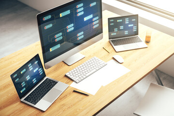 Wall Mural - computer monitor with abstract creative programming illustration, big data and blockchain concept. 3
