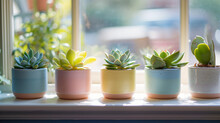 Handmade Ceramic Plant Pots In Pastel Colors, Each Holding A Different Succulent, Set On A Windowsill