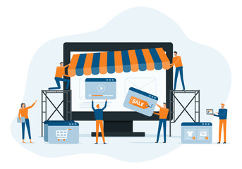 Poster - business people team working developer and designer team create an online store shop concept. partnership collaboration. flat vector illustration cartoon character design
