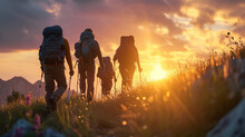 Group Of Friends Hiking Up A Hill, Backpacks And Hiking Poles Visible, Sun Setting Behind Them