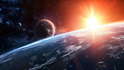 Wall Mural - the earth in the evening sun with the moon and sun in the background